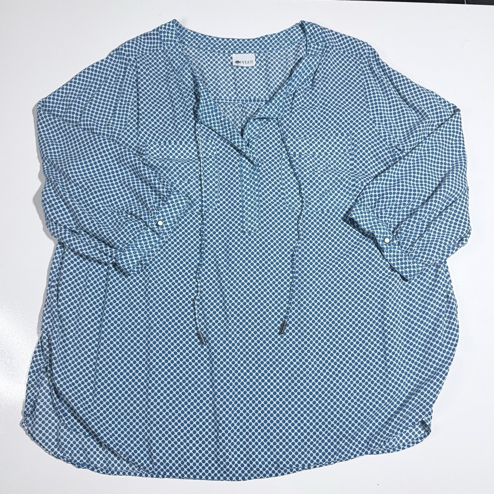 Stylus Womens XXL Blue White Geometric V-Neck Tie Popover Blouse 3/4 Sleeve